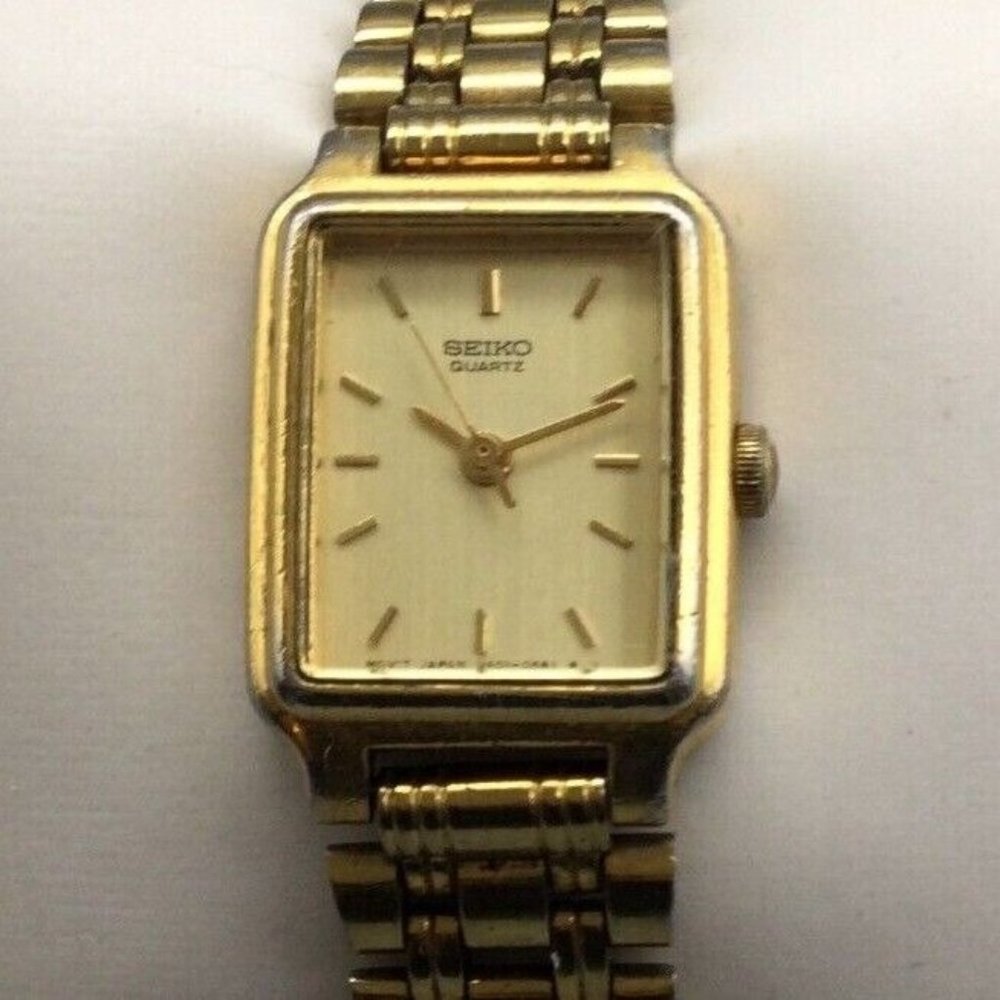 Vintage Seiko Watch Women Gold Tone V401-5129 Rectangle Dial New Battery 6"